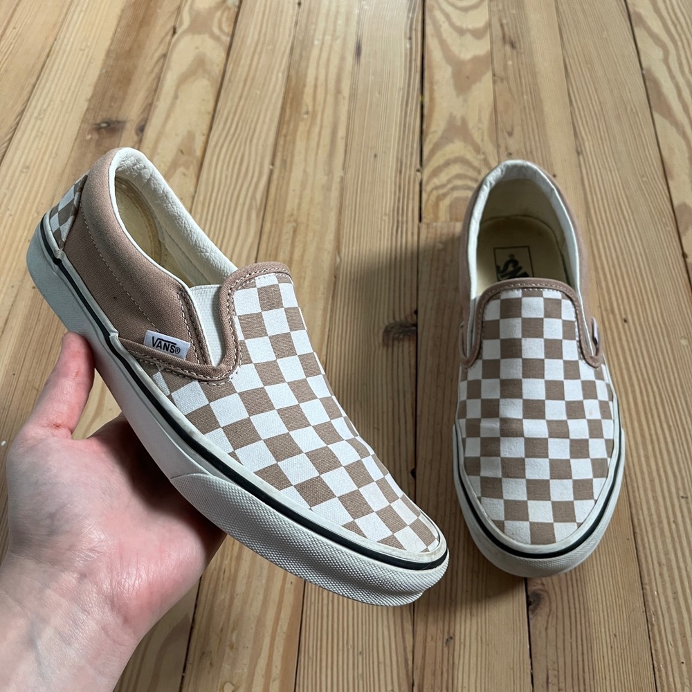 Vans Classic Slip On Women 9 Men 7.5 Tan White Checkerboard Canvas Sneakers